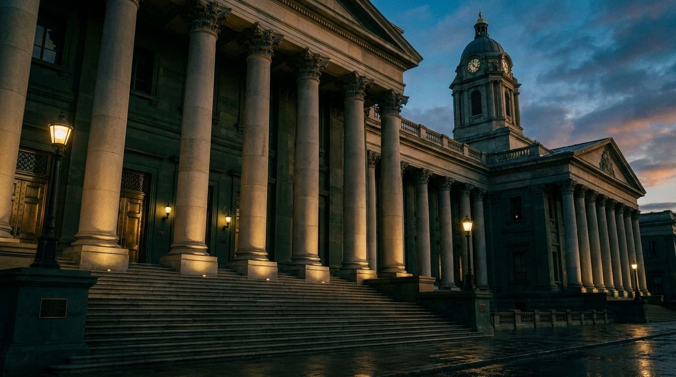 Stone courthouse facade with columns at dusk, lit by lamplight