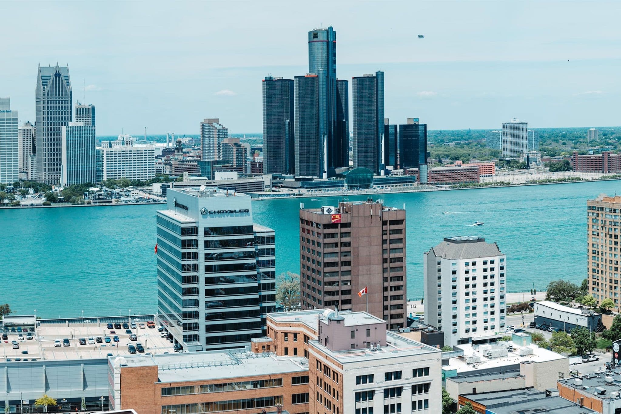 Aerial view of the Windsor, Ontario riverfront and downtown skyline on the Detroit River, home of Esco Law
