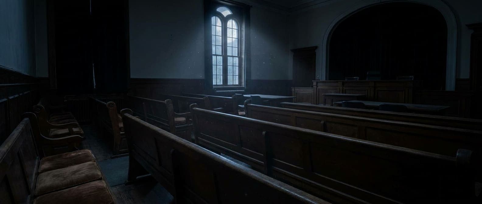 Empty wood-panelled courtroom in low light, where bail hearings are held