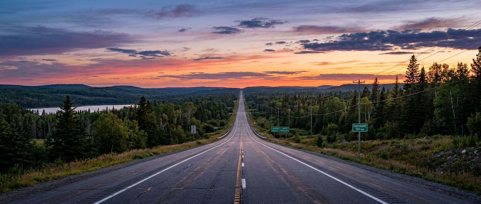 Open Ontario highway stretching to the horizon at dusk