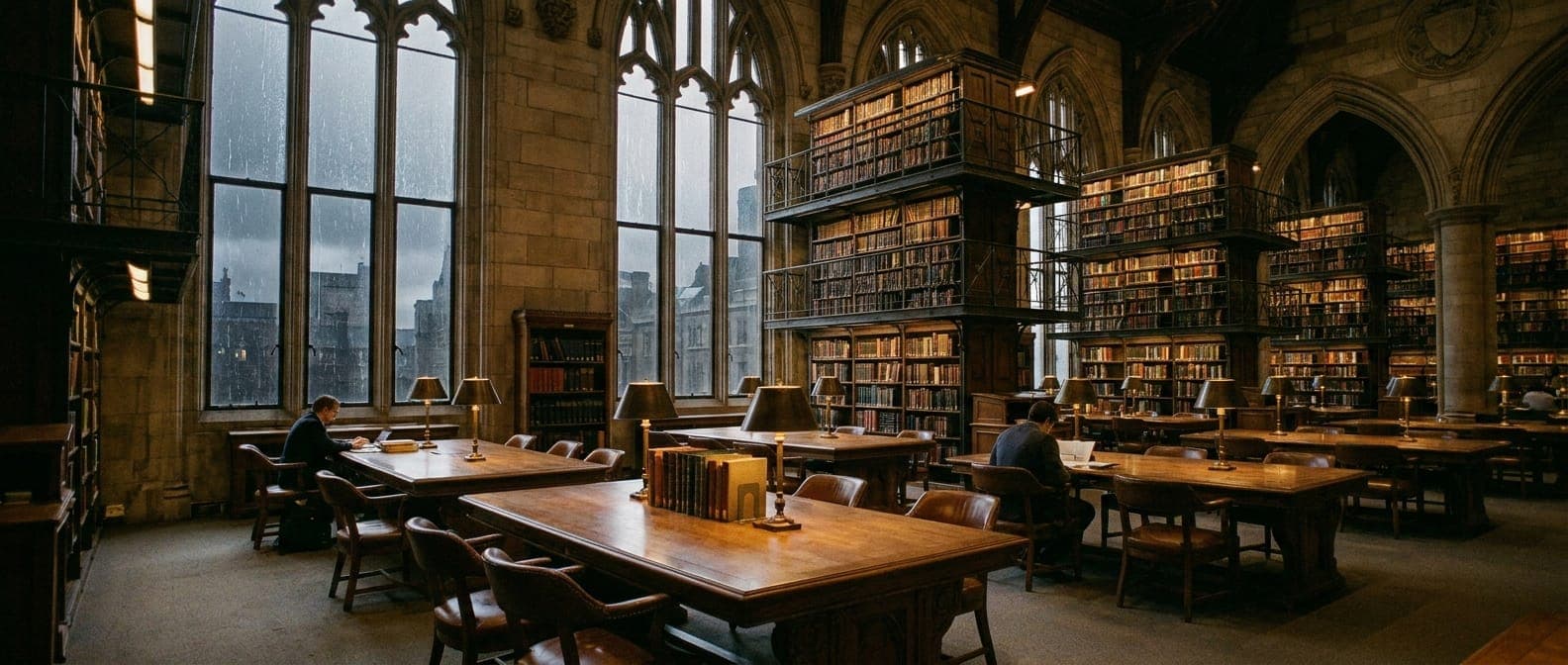 Quiet law library reading room with tall shelves — the preparation behind a robbery defence
